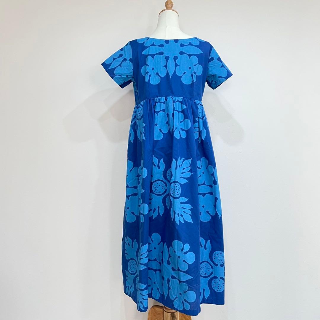 美品ハワイ製生地Mahaloロングワンピース南国モンステラパイナップル青リゾート