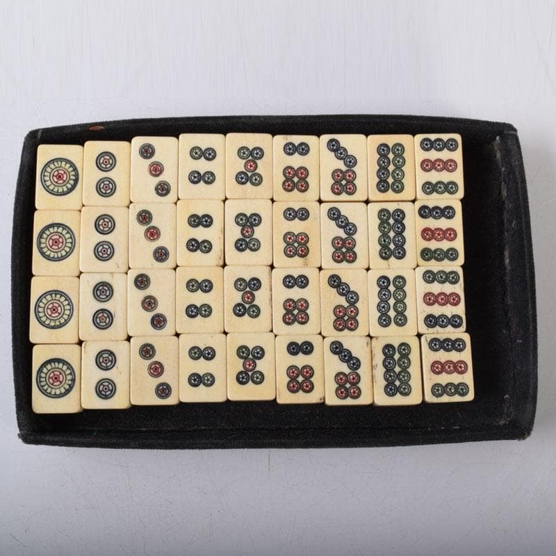 中国　竹嵌　骨牌　背竹牌　麻雀牌　皮製ケース付　V　7447