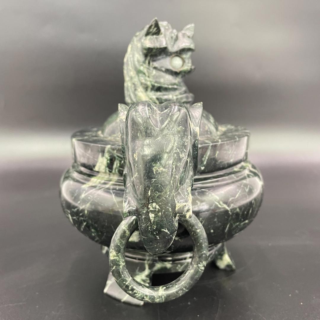 蛇紋石 彫刻 象耳遊環付 三足香炉 天然石 香炉 高さ19cm 重量3kg