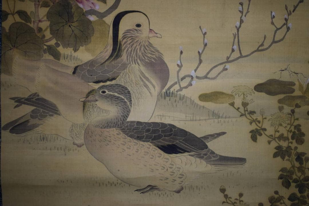 真作/松村景文/花鳥図/桃鴛鴦翡翠図/桐極箱二重箱付/布袋屋掛軸HH-493