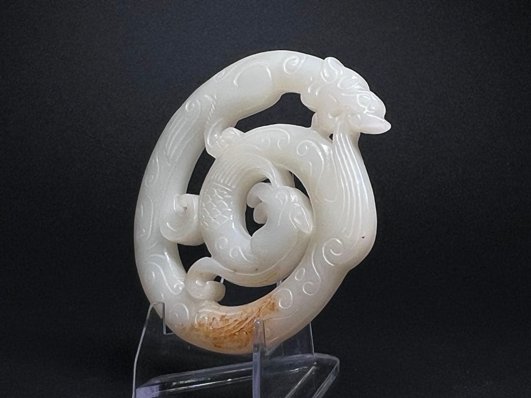 古美術　細工透彫　龍鳳紋　和田玉　縁起物　財運金運　中国古玩　お守り　旧家蔵出し