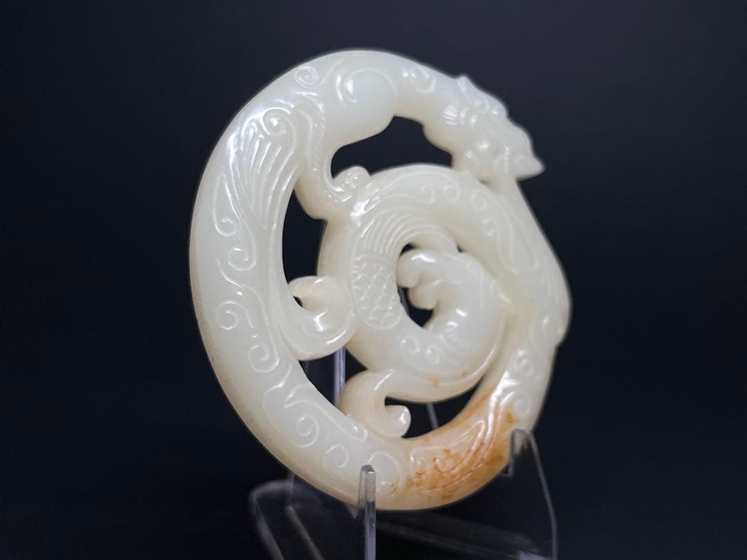 古美術　細工透彫　龍鳳紋　和田玉　縁起物　財運金運　中国古玩　お守り　旧家蔵出し