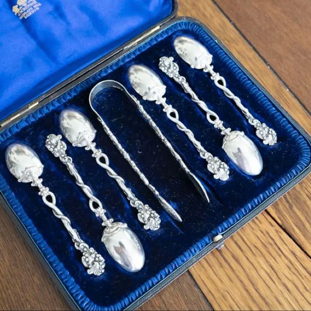 名品 英国アンティーク ヴィクトリア時代 純銀製 自然主義スプーン＆トング