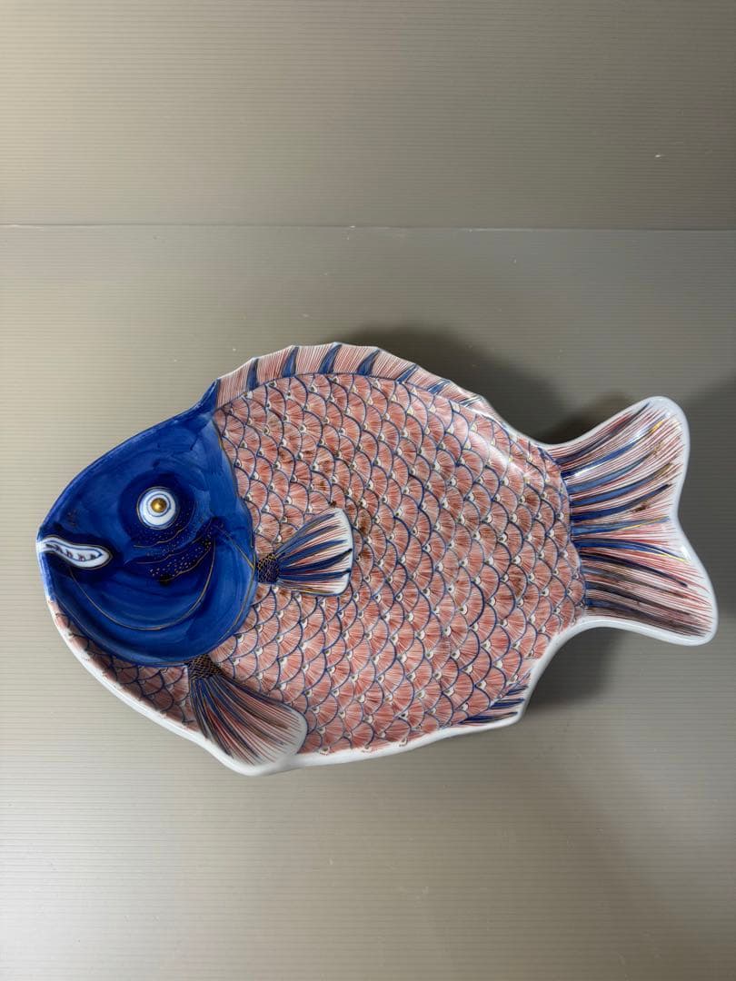 2332 古伊万里 大明成化年製銘　色絵金彩鯛形飾皿 鯛皿　35cm  時代物