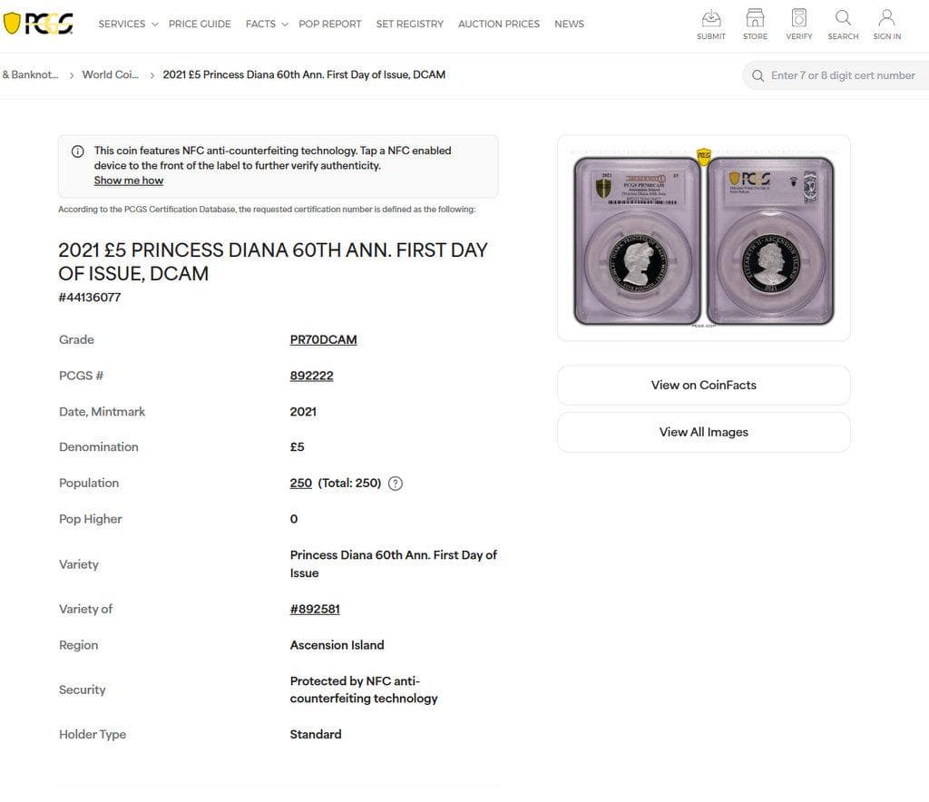 2021年アセンション島 ダイアナ妃生誕60周年2oz 銀貨 PCGS PR70