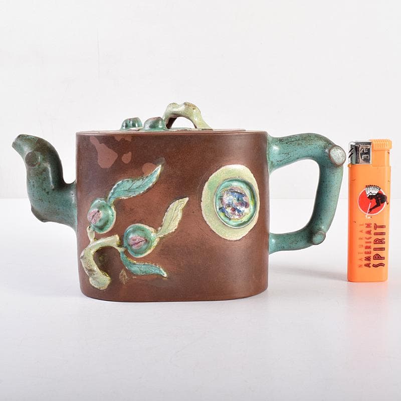 中国　宣興紫砂銘　紫砂　朱泥　色絵桃文　急須　茶壷　D　R7722