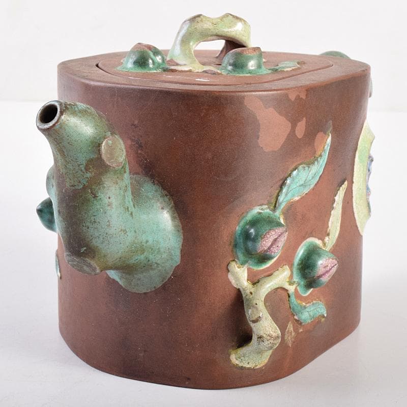 中国　宣興紫砂銘　紫砂　朱泥　色絵桃文　急須　茶壷　D　R7722