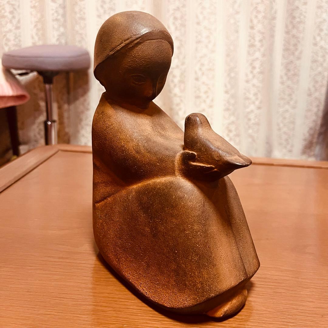 山本正道　鳩と少女　彫刻　オブジェ　女の子　青銅　鉄　鳥　骨董品　ビンテージ