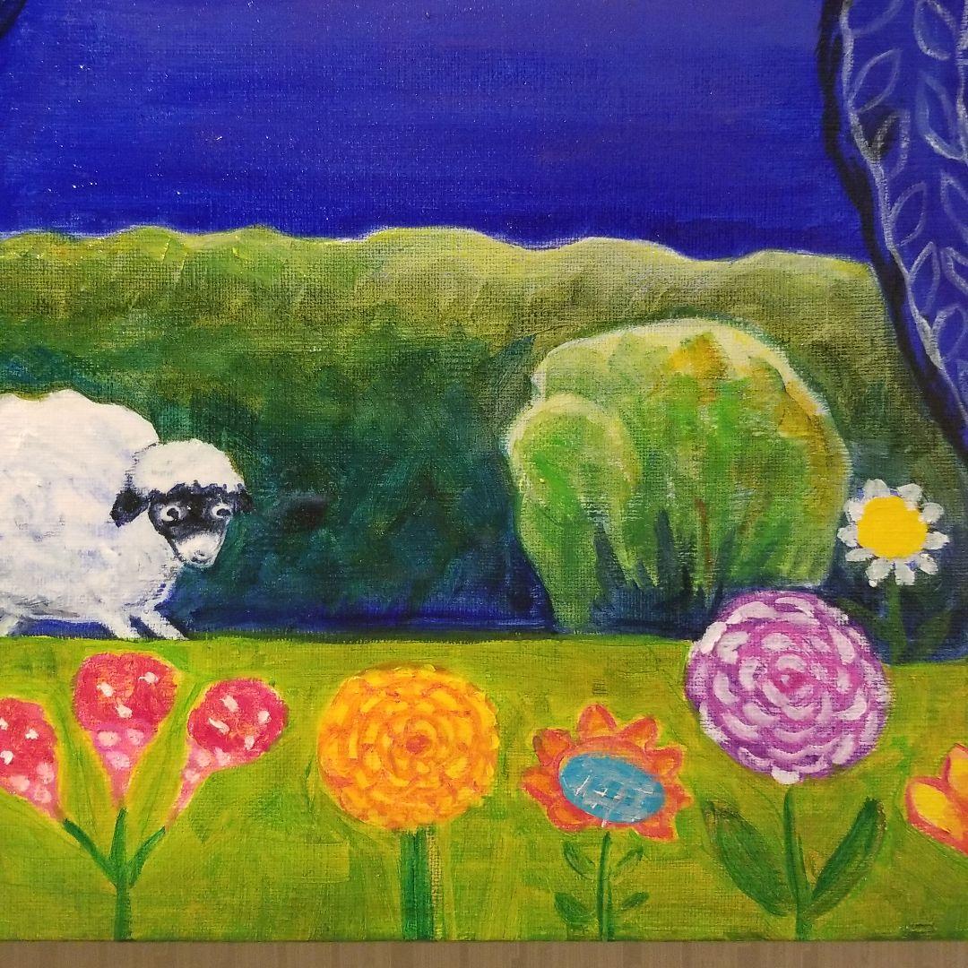 油絵　H　ひつじさんと友だちの楽しい帰り道　わんこも一緒♪　横長キャンバス