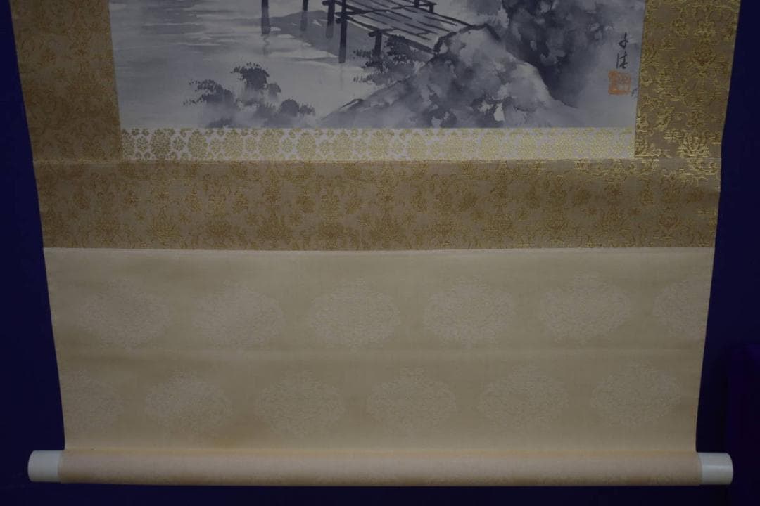 真作/清水千佳/山水釣人図/人物図/水墨山水図/桐共箱付/布袋屋掛軸HJ-97