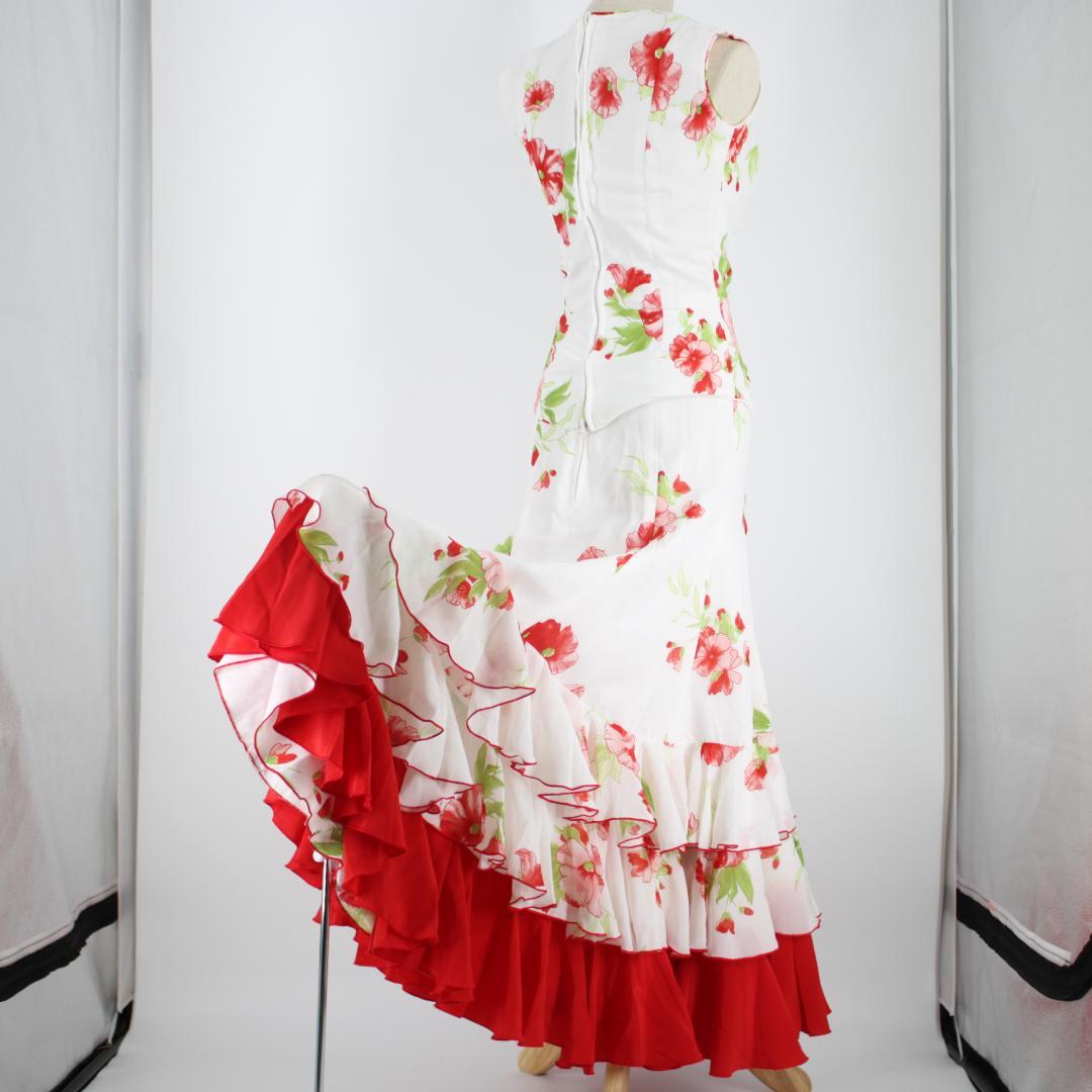 【フラメンコ衣装】ホワイト×豪華ボランテ 上下セット ツーピース セットアップ