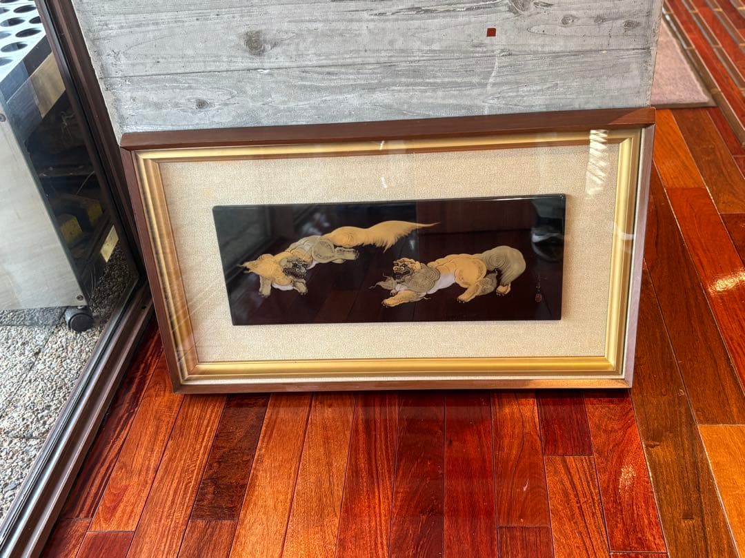 大人気　79cm 金彩 獅子　狛犬　縁起物 開運 福寿 額縁　輪島塗　沈金