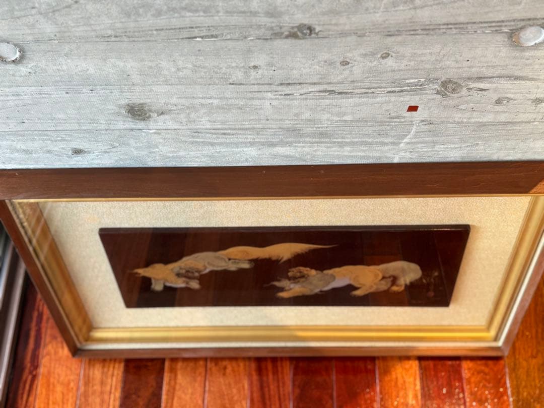 大人気　79cm 金彩 獅子　狛犬　縁起物 開運 福寿 額縁　輪島塗　沈金