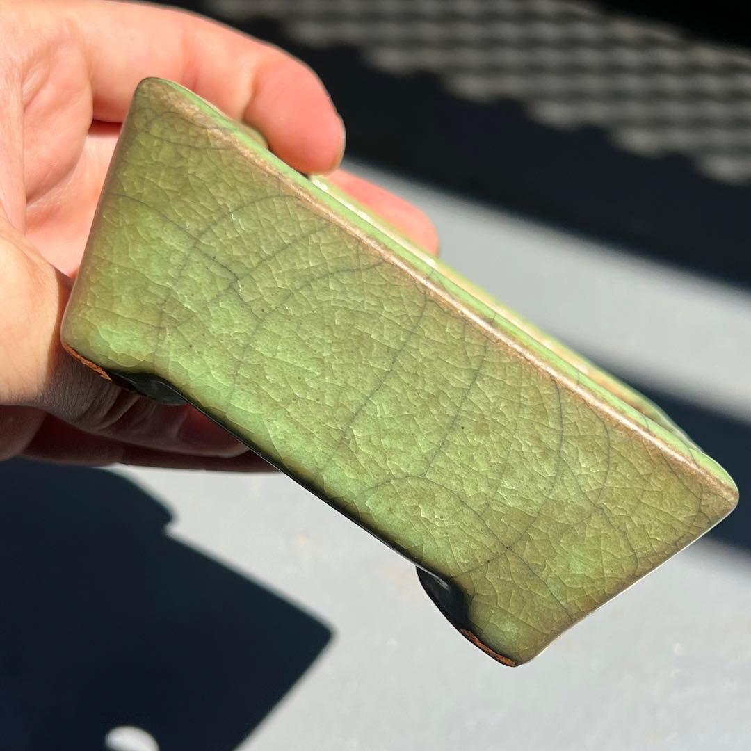 782.暁雲 緑貫入釉長方 盆栽鉢 植木鉢 10*8.7*4.2cm