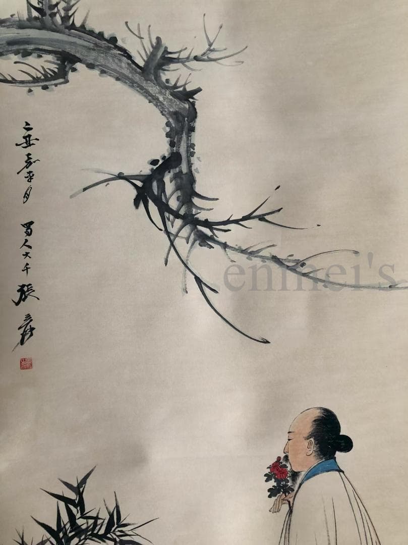 中国古美術・純手描き四尺人物掛軸・水墨画・張大千印款・茶道・肉筆・書画・文房置物