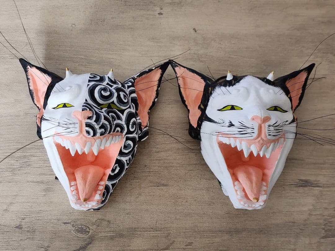 猫妖怪壁掛け木彫りお面　魔除け　珍品　アンティーク　工芸品　水木しげる