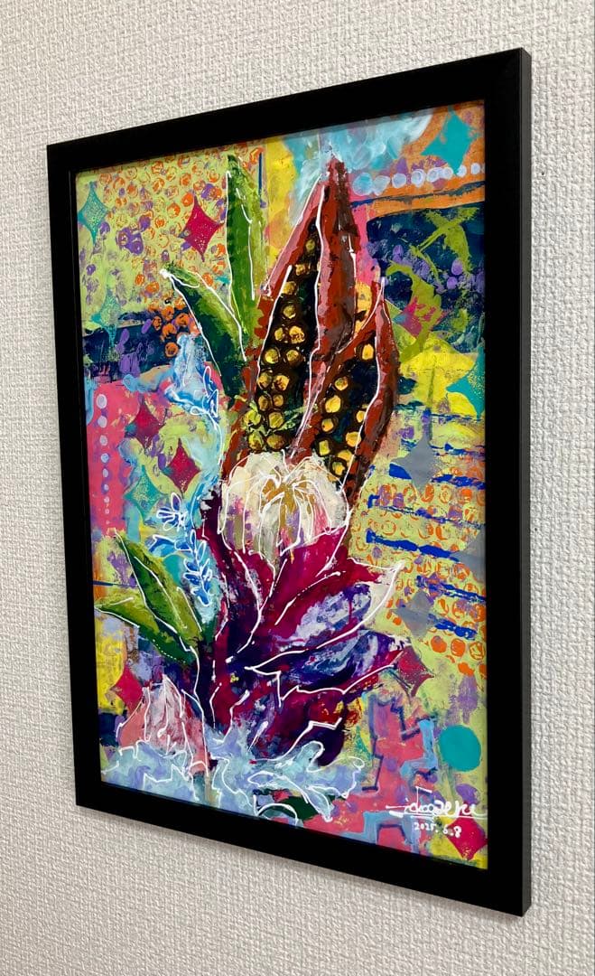 値下げ　原画　花　額付き　花の絵　静物画　絵画　アクリル画　現代アート　一点物