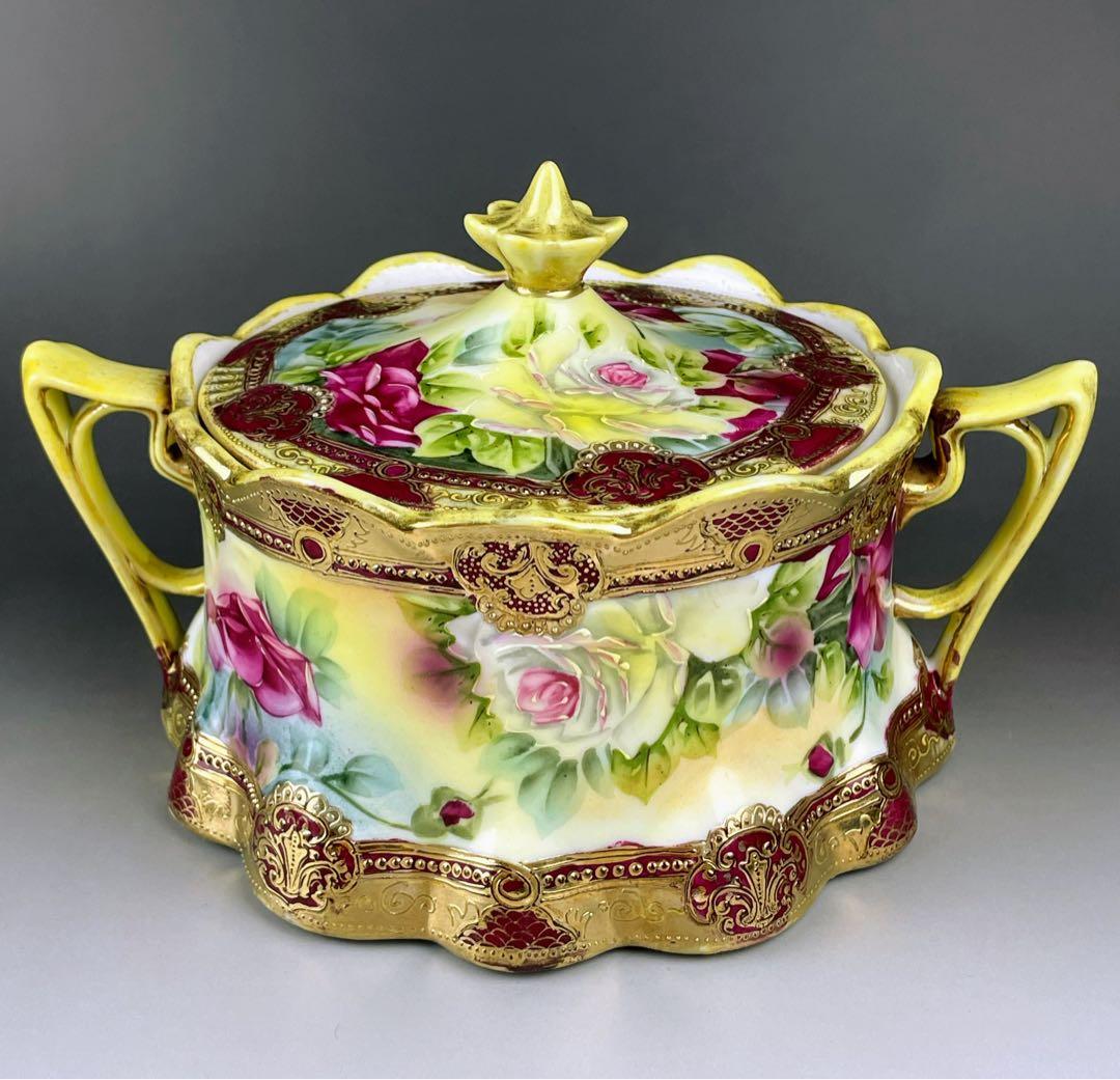 【希少】オールドノリタケ 約２３cm 薔薇紋 ビスケットジャー メープルリーフ