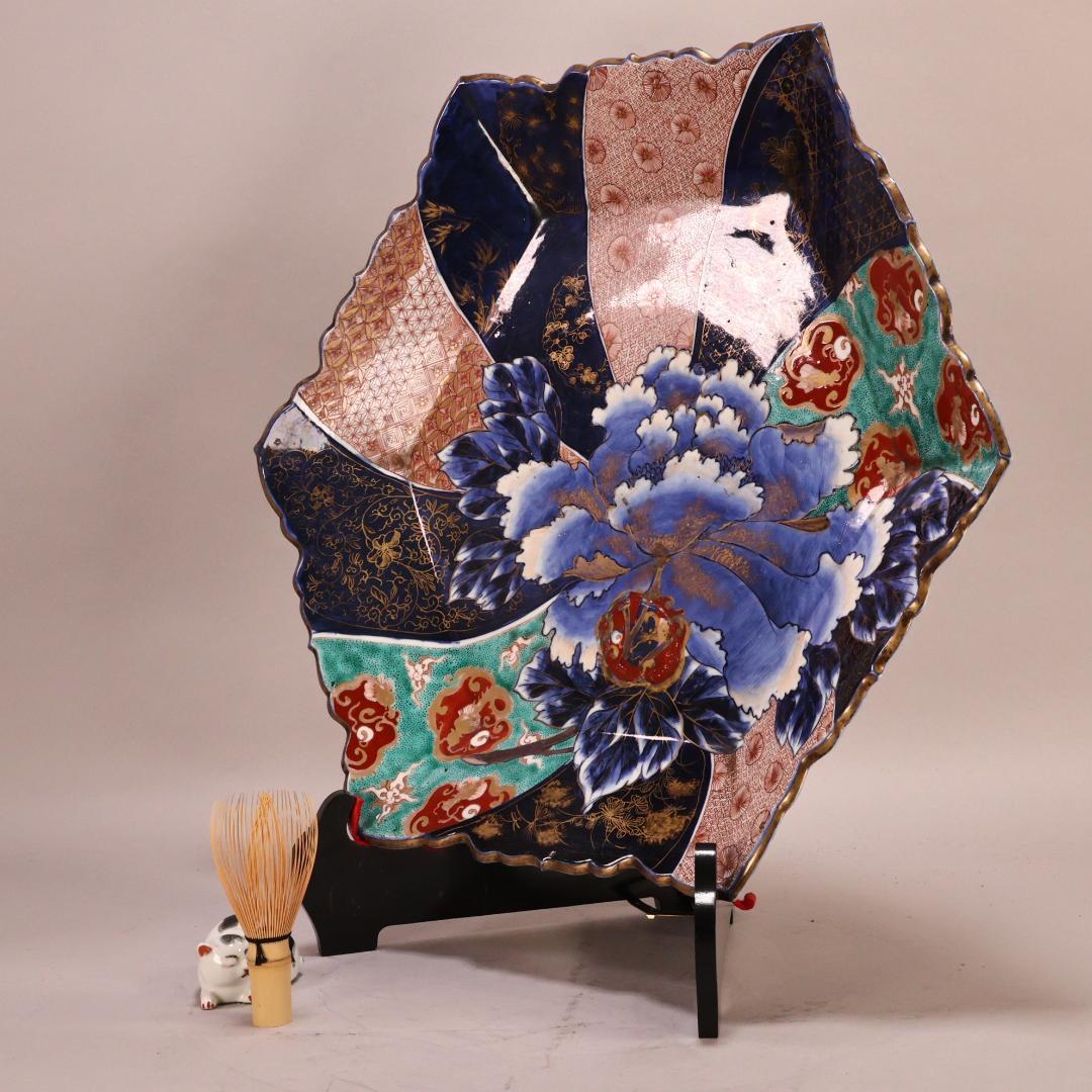 BK301　明治期　古伊万里　色絵小紋芍薬図　六角　大皿　大日本 肥蝶山 乃口製