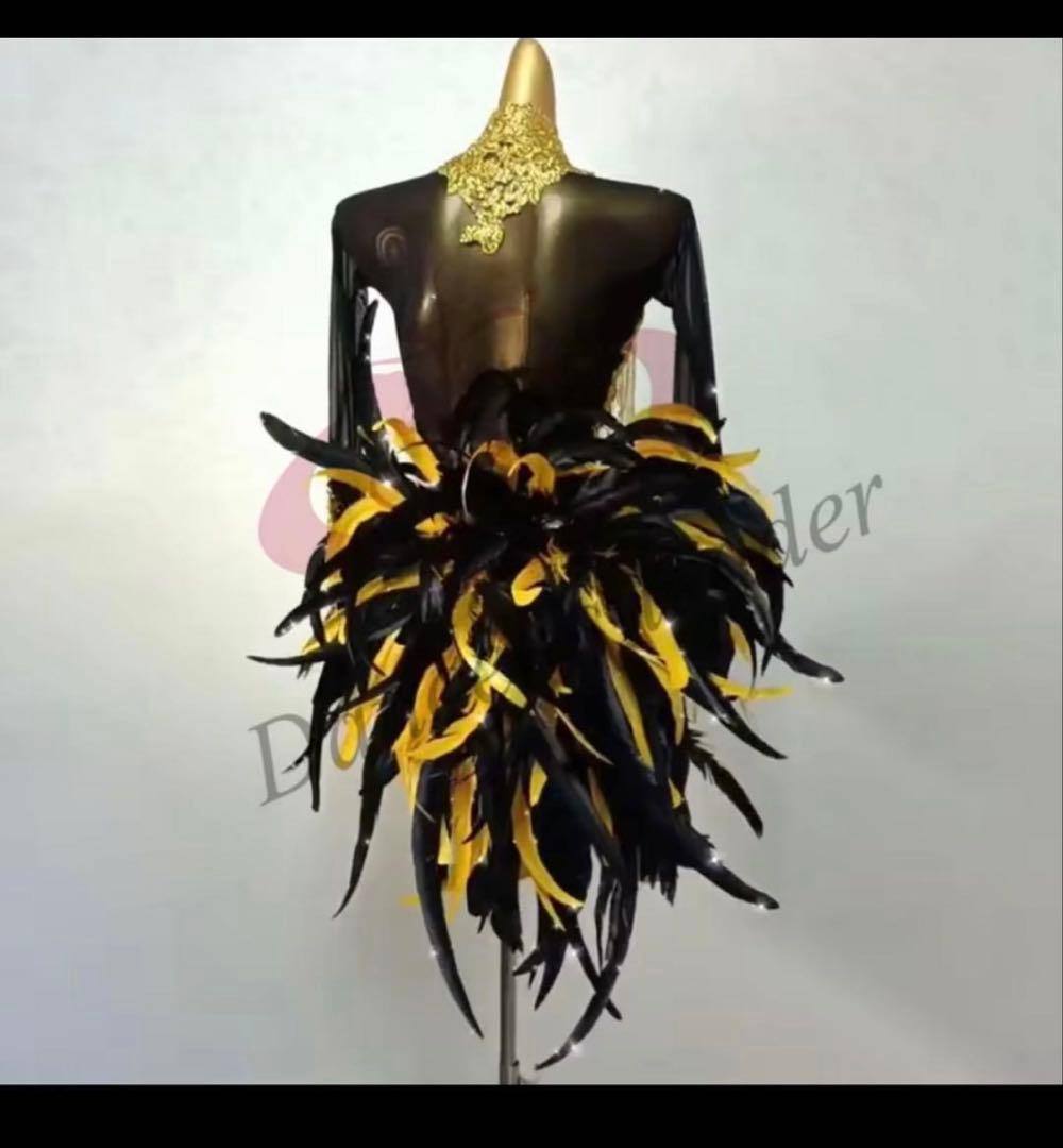 社交ダンス　ゴールドブラック　ゴージャス　ラテン　ドレス　M 羽　フェザーテール