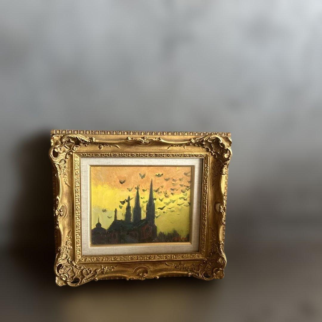 素晴らしい額の印象派風 油彩画 教会のシルエット