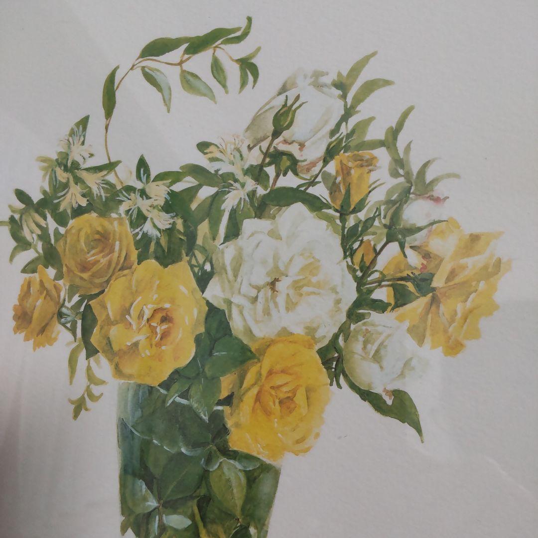 橋本不二子　水彩画　版画　黄色と白色のバラ