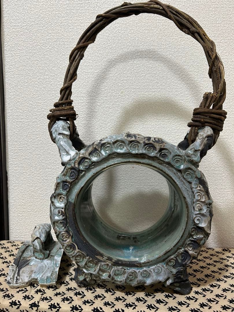 和　アジアン　青緑色　花模様　丸型　水槽　陶器　金魚　メダカ