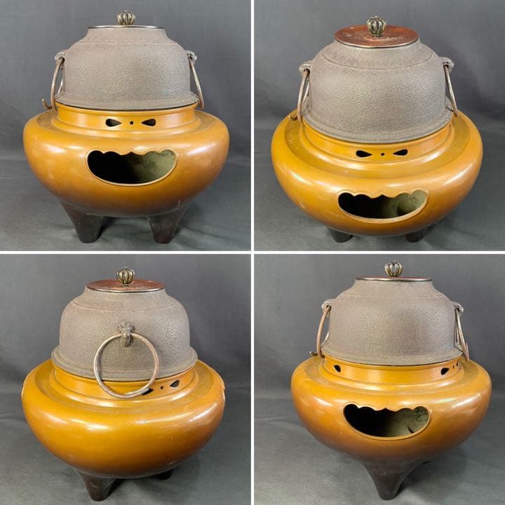 E64 送料無料　朝鮮釜　風炉釜　茶釜　唐銅　茶道具　茶室　釜鐶　底瓦