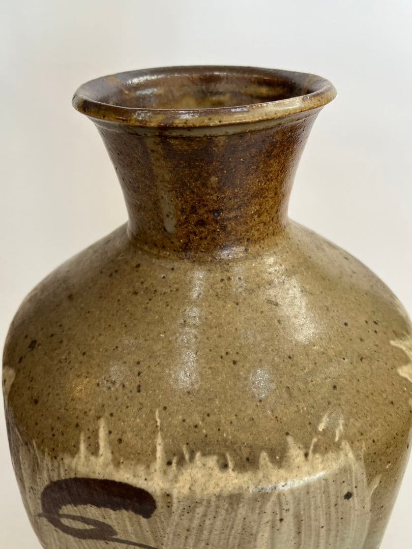 人間国宝・島岡達三作　鉄絵刷毛目面取扁壺　特大35cm 本物保証