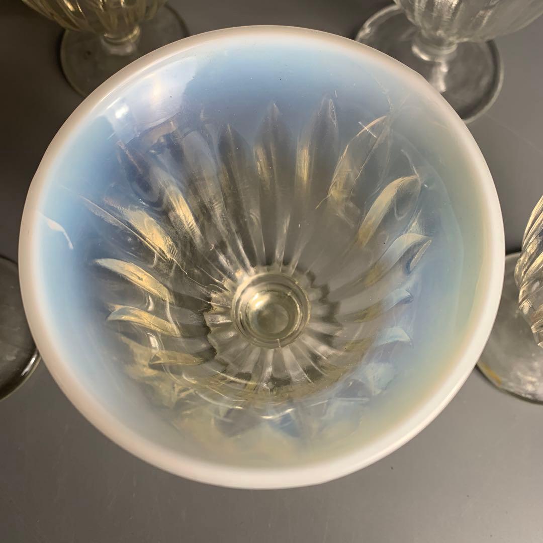 昭和初期　戦前　プレス　乳白青ぼかし　氷コップ　デザートカップ　和ガラス　古硝子