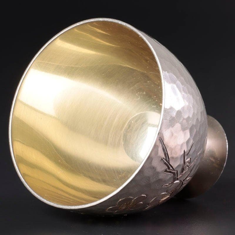 人間国宝 奥山峰石 純銀 ぐい呑 紅白梅 台付 銀製 グラス silver 杯