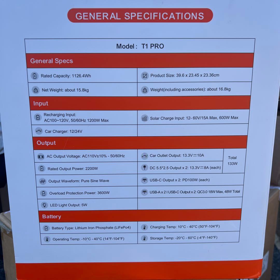 EBL T1 PRO ポータブル電源 2200W 1126.4Wh
