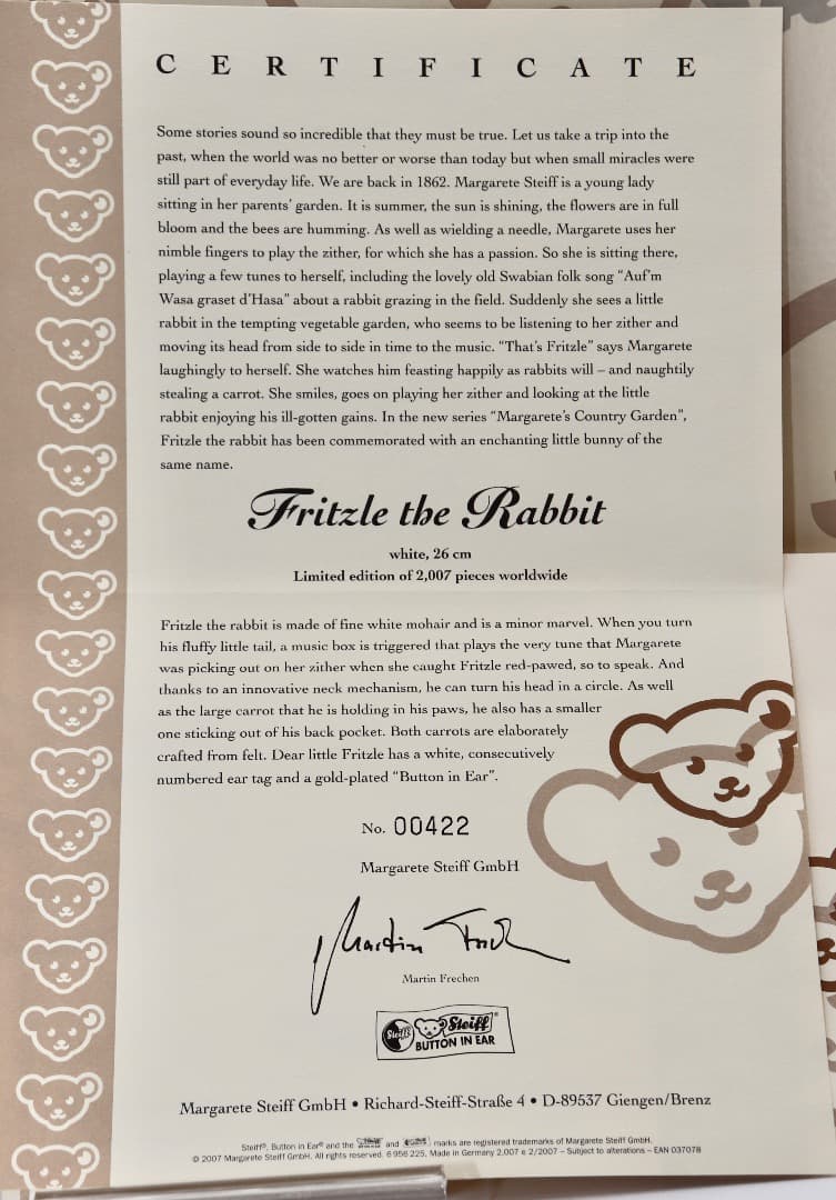 Steiff ウサギ Fritzle the Rabbit オルゴール付首振り