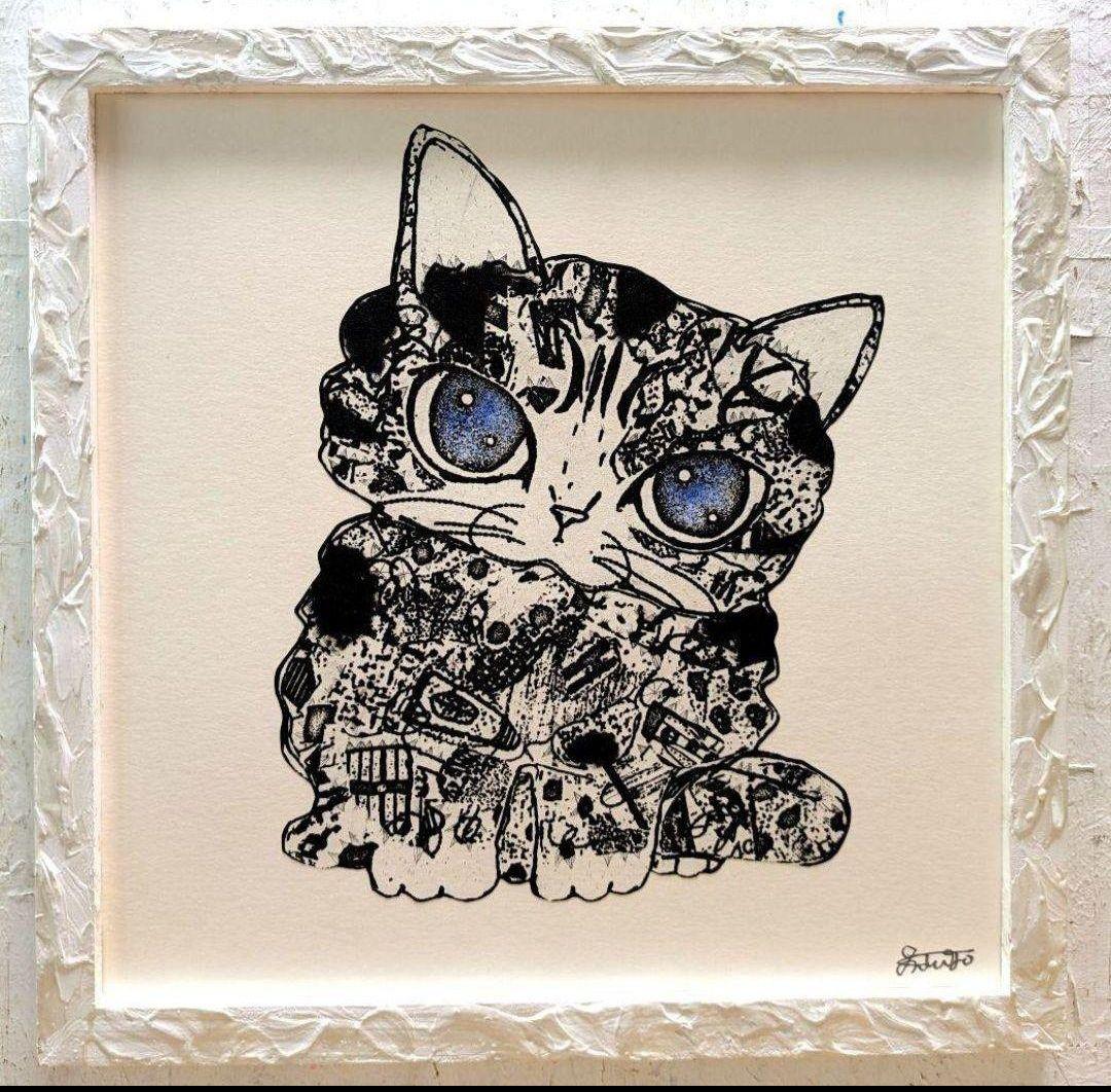 おすすめ！スイカ大✨　手作り額付き銅版画作品　title「きらめきニャンコ」