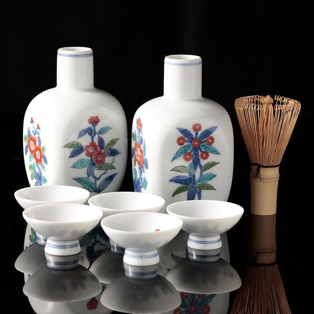 人間国宝 十三代今泉今右衛門 錦花画酒器 徳利 盃五客 共箱 黄布 栞 色鍋島