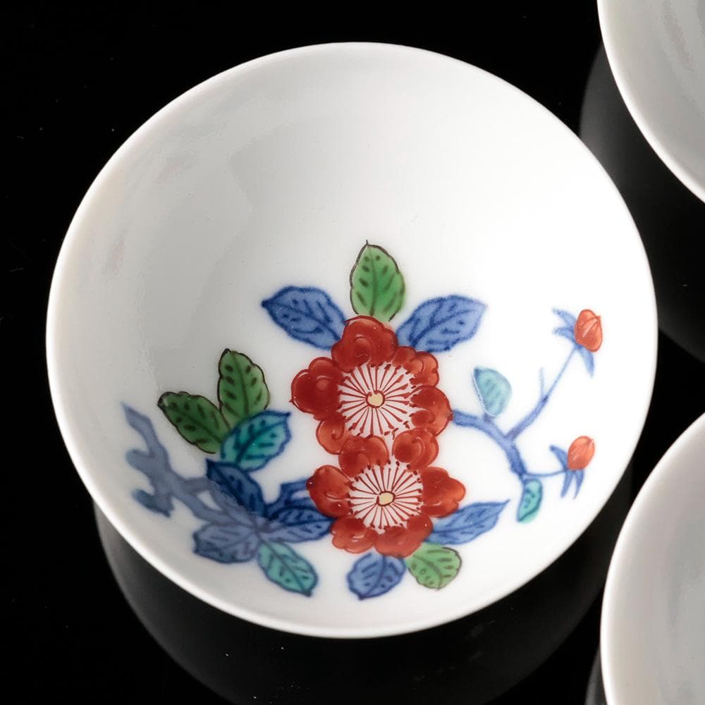 人間国宝 十三代今泉今右衛門 錦花画酒器 徳利 盃五客 共箱 黄布 栞 色鍋島