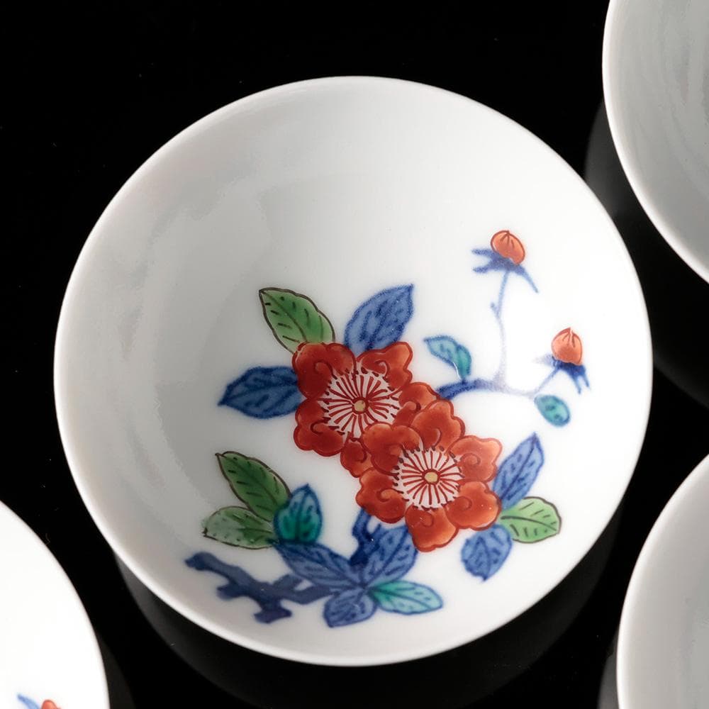 人間国宝 十三代今泉今右衛門 錦花画酒器 徳利 盃五客 共箱 黄布 栞 色鍋島