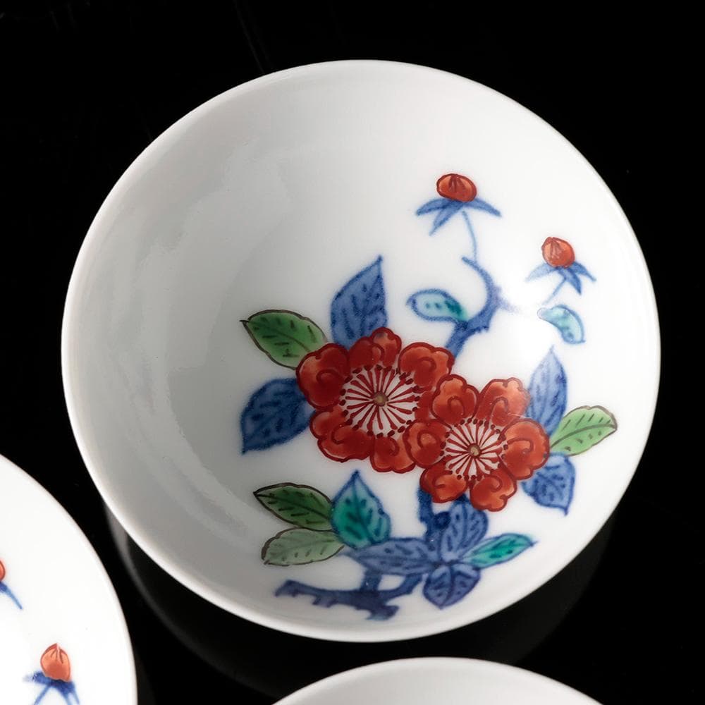 人間国宝 十三代今泉今右衛門 錦花画酒器 徳利 盃五客 共箱 黄布 栞 色鍋島