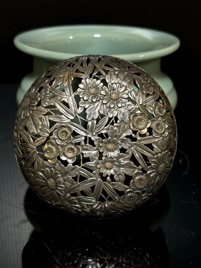 純銀 刻印 火屋付 青磁袴腰型 香炉 桐箱付 茶道具