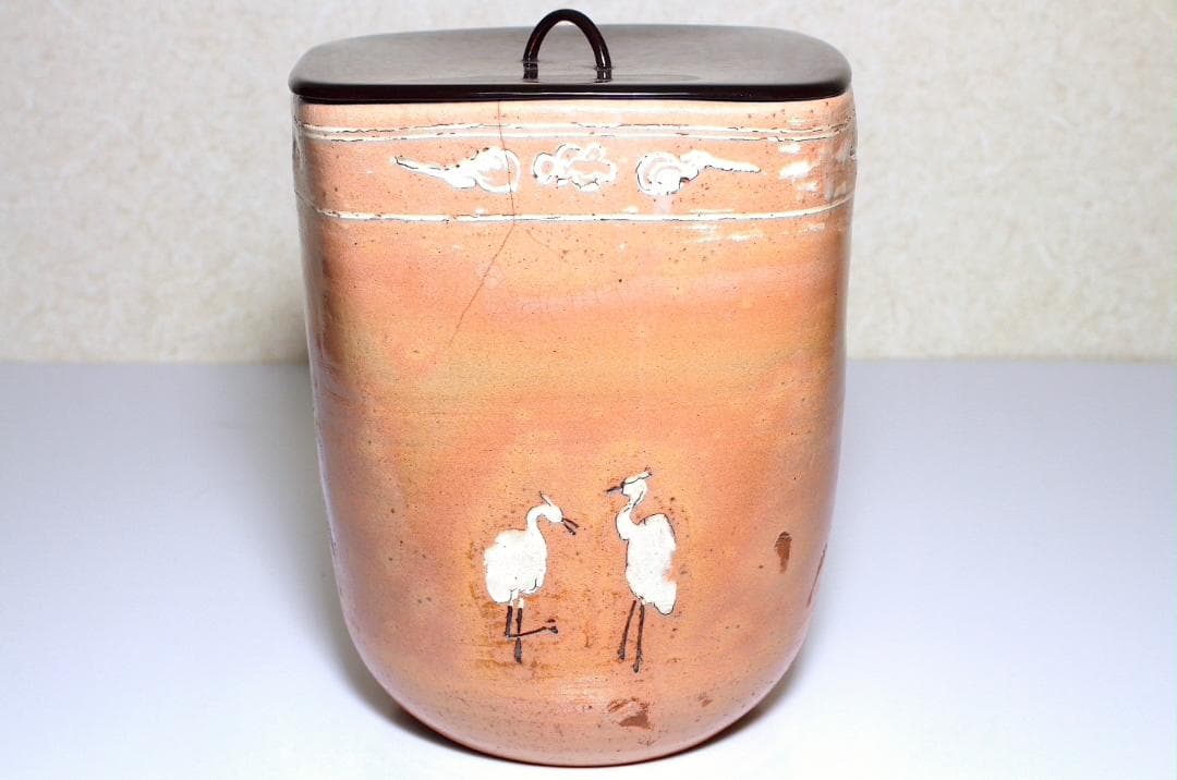 李朝時代 鶴文 桶形水指 [八代 乾山(山本如仙)識箱]