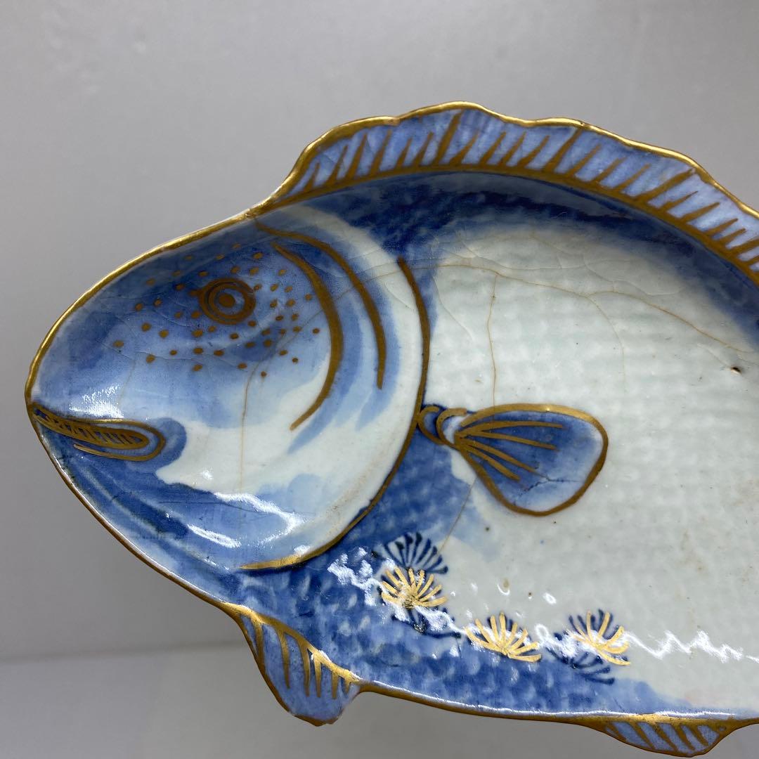 江戸中期　藍九谷　鯛の図皿　5客　トヒル　木箱付　東さ7-0809☆2F