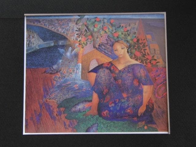 山本達郎、【河のある風景】、希少な額装用画集画、新品高級額 額装付