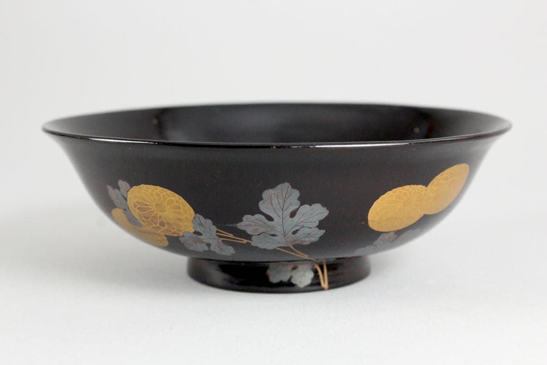 No5543 黒漆菊花金銀蒔絵　お櫃　杓子　椀　5点セット　送料無料