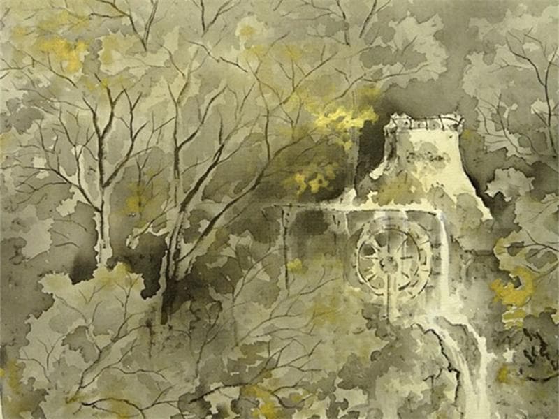 掛軸 仙田雪山子『山邨幽静 水墨山水』絹本 共箱二重箱付 掛け軸 a073113