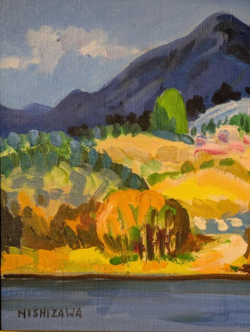 【真作】絵画　西澤栄一　油彩6号　千曲川　色彩豊かな風景　自然の息吹　U44