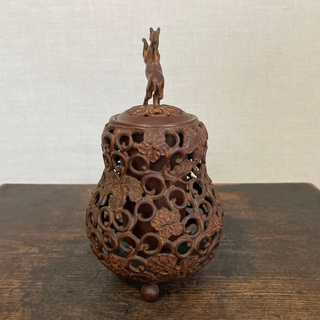 名取川雅司 高岡銅器 香炉 瓢箪 馬 干支 午 透し 置物 美術 工芸品 レトロ