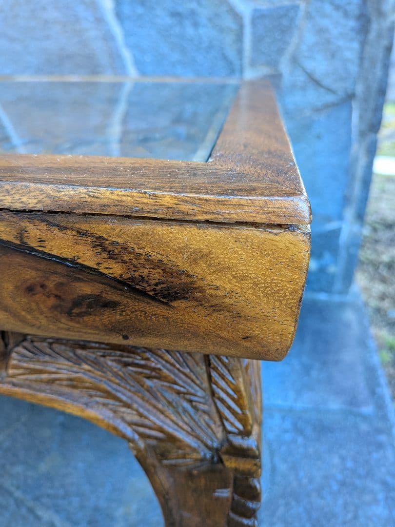 アジアンスタイル 木製彫刻テーブル ガラス天板付き