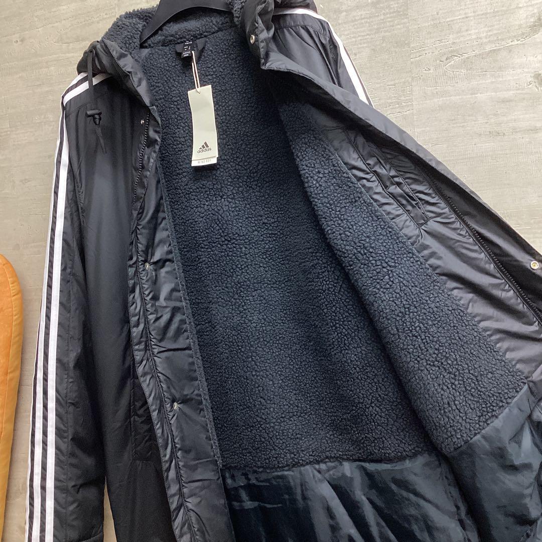 アディダス　ロングベンチコート　メンズ　Mサイズ　フード付き　スリーストライプス