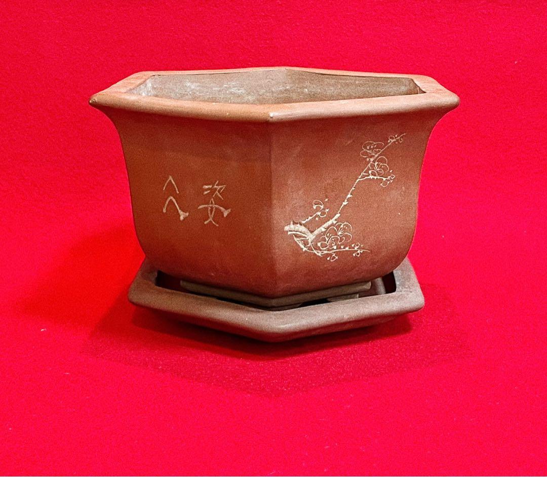中国美術 梅蘭竹紋樣 中国宜興 紫砂 六角植木鉢 盆鉢