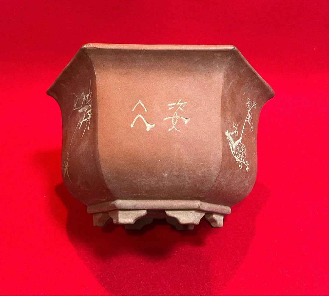 中国美術 梅蘭竹紋樣 中国宜興 紫砂 六角植木鉢 盆鉢